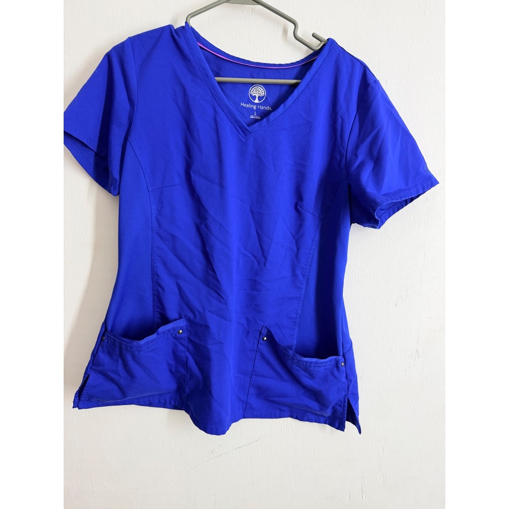 Healing Hands Royal Blue V-Neck Scrub Top Womens Large Medical Nurse Uniform
